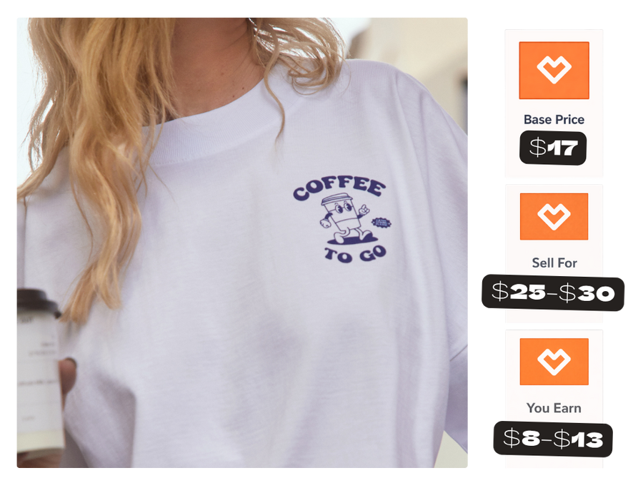 model wearing a t-shirt with example of base price, sell price, and margin for product